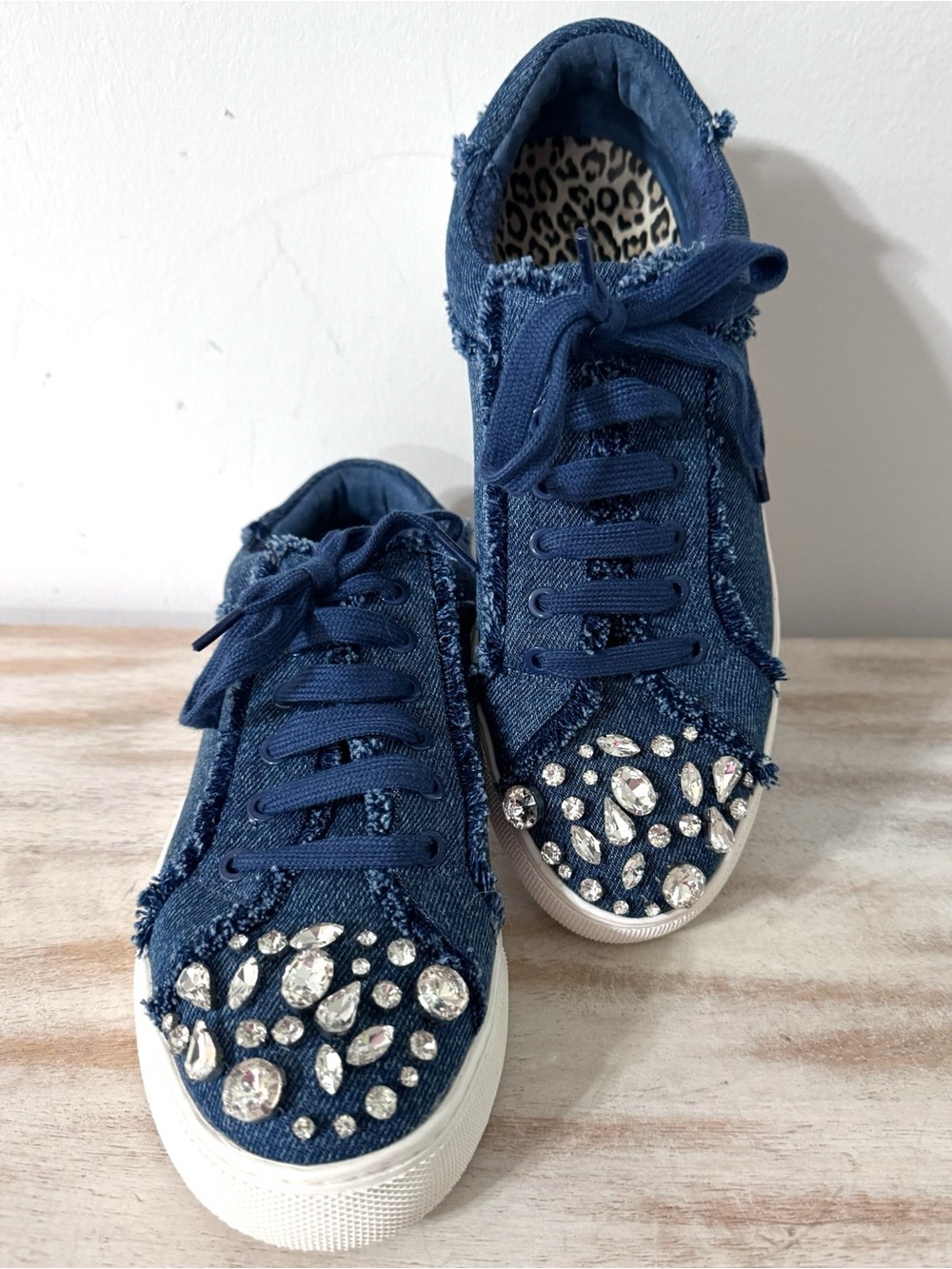 Chico's Ibiza Women's Denim Sneakers Size 7M Crystal Rhinestone Toe Frayed Edge